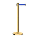 Retractable Belt Barrier Stanchion, Polished Brass Post, Cast Iron Base, 7.5 Ft. Belt - Montour Line MI630