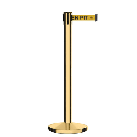 Retractable Belt Barrier Stanchion, Polished Brass Post, Cast Iron Base, 7.5 Ft. Belt - Montour Line MI630