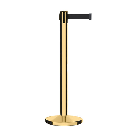 Retractable Belt Barrier Stanchion, Polished Brass Post, Cast Iron Base, 11 Ft. Belt - Montour Line MI630