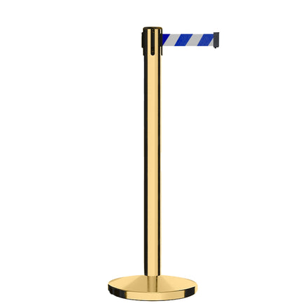 Retractable Belt Barrier Stanchion, Polished Brass Post, Cast Iron Base, 7.5 Ft. Belt - Montour Line MI630