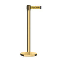 Retractable Belt Barrier Stanchion, Polished Brass Post, Cast Iron Base, 7.5 Ft. Belt - Montour Line MI630