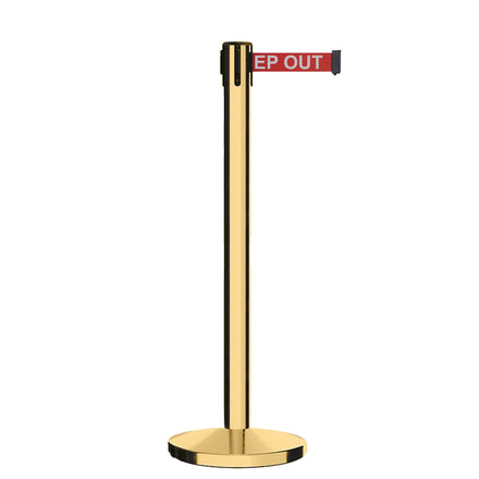 Retractable Belt Barrier Stanchion, Polished Brass Post, Cast Iron Base, 11 Ft. Belt - Montour Line MI630