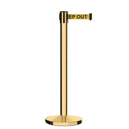 Retractable Belt Barrier Stanchion, Polished Brass Post, Cast Iron Base, 11 Ft. Belt - Montour Line MI630