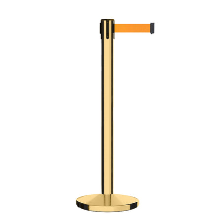 Retractable Belt Barrier Stanchion, Polished Brass Post, Cast Iron Base, 11 Ft. Belt - Montour Line MI630