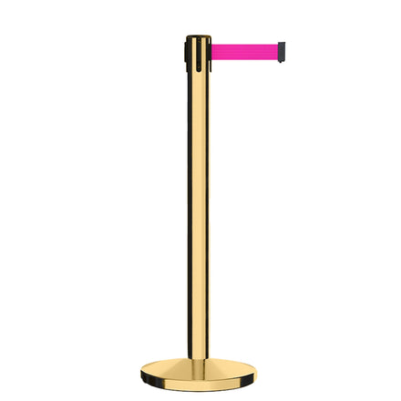 Retractable Belt Barrier Stanchion, Polished Brass Post, Cast Iron Base, 7.5 Ft. Belt - Montour Line MI630