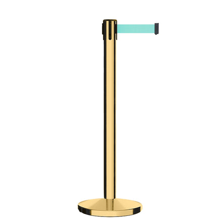 Retractable Belt Barrier Stanchion, Polished Brass Post, Cast Iron Base, 7.5 Ft. Belt - Montour Line MI630