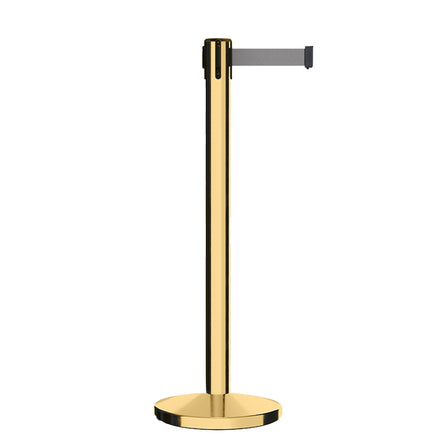 Retractable Belt Barrier Stanchion, Polished Brass Post, Cast Iron Base, 7.5 Ft. Belt - Montour Line MI630