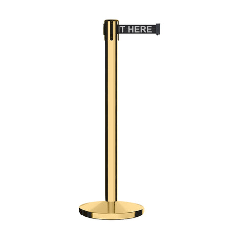 Retractable Belt Barrier Stanchion, Polished Brass Post, Cast Iron Base, 11 Ft. Belt - Montour Line MI630