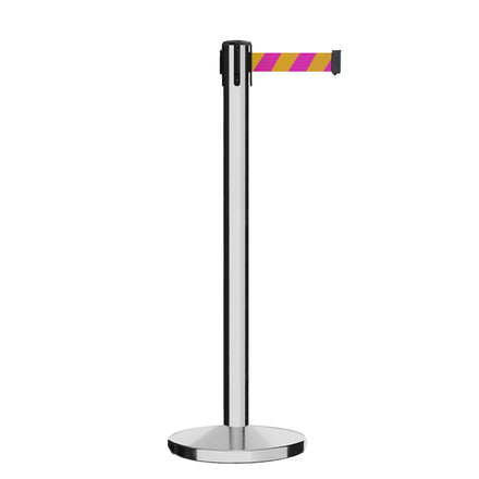 Retractable Belt Barrier Stanchion, Polished Stainless Steel Post, Cast Iron Base, 11 Ft. Belt - Montour Line MI630