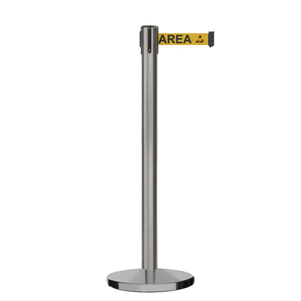 Retractable Belt Barrier Stanchion, Satin Stainless Steel, Cast Iron Base, 13 Ft. Belt - Montour Line MI630