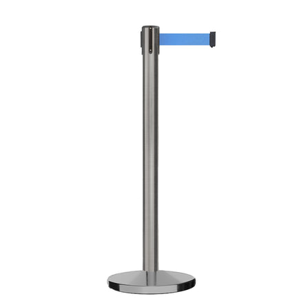 Retractable Belt Barrier Stanchion, Satin Stainless Steel, Cast Iron Base, 13 Ft. Belt - Montour Line MI630