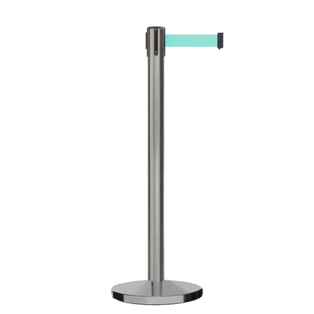 Retractable Belt Barrier Stanchion, Satin Stainless Steel, Cast Iron Base, 13 Ft. Belt - Montour Line MI630