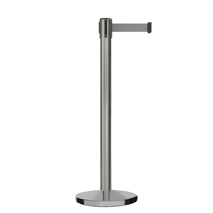 Retractable Belt Barrier Stanchion, Satin Stainless Steel, Cast Iron Base, 13 Ft. Belt - Montour Line MI630