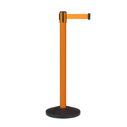 Retractable Belt Barrier Stanchion, Sloped Base, Orange Post, 13 ft Belt - Montour Line MS630