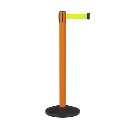 Retractable Belt Barrier Stanchion, Sloped Base, Orange Post, 13 ft Belt - Montour Line MS630