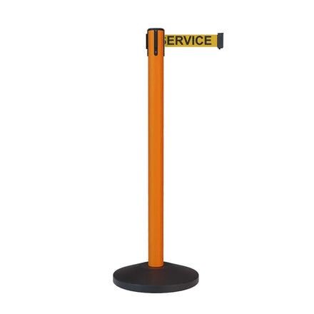 Retractable Belt Barrier Stanchion, Sloped Base, Orange Post, 13 ft Belt - Montour Line MS630