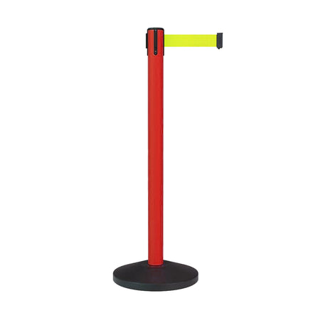 Retractable Belt Barrier Stanchion, Sloped Base, Red Post, 7.5 ft Belt - Montour Line MS630