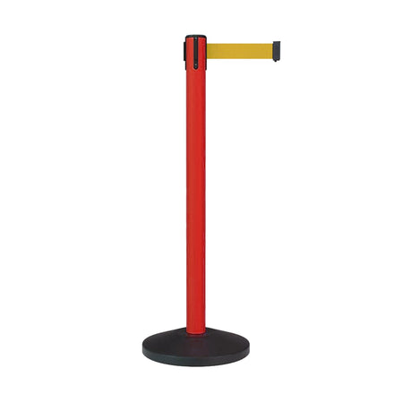 Retractable Belt Barrier Stanchion, Sloped Base, Red Post, 13 ft Belt - Montour Line MS630