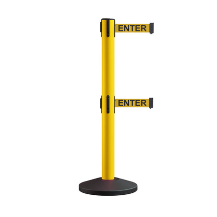 Retractable Dual Belt Barrier Stanchion, Sloped Base, 16 ft Belt - Montour Line M650D