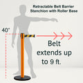 Retractable Belt Barrier Stanchion, Rolling Base, Orange Steel Post, 9 ft Belt - Montour Line MSE630