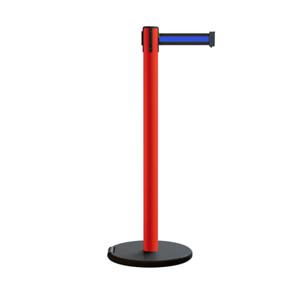 Retractable Belt Barrier Stanchion, Rolling Base, Red Steel Post, 9 ft Belt - Montour Line MSE630