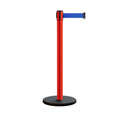 Retractable Belt Barrier Stanchion, Rolling Base, Red Steel Post, 7.5 ft Belt - Montour Line MSE630