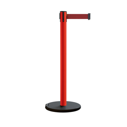 Retractable Belt Barrier Stanchion, Rolling Base, Red Steel Post, 7.5 ft Belt - Montour Line MSE630