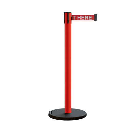 Retractable Belt Barrier Stanchion, Rolling Base, Red Steel Post, 9 ft Belt - Montour Line MSE630