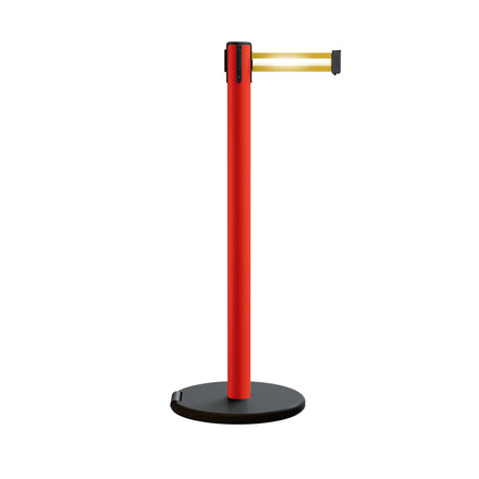 Retractable Belt Barrier Stanchion, Rolling Base, Red Steel Post, 9 ft Belt - Montour Line MSE630