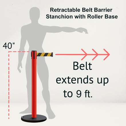 Retractable Belt Barrier Stanchion, Rolling Base, Red Steel Post, 9 ft Belt - Montour Line MSE630