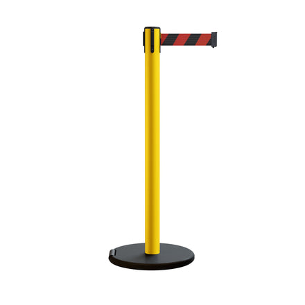 Retractable Belt Barrier Stanchion, Rolling Base, Yellow Steel Post, 11 ft Belt - Montour Line MSE630