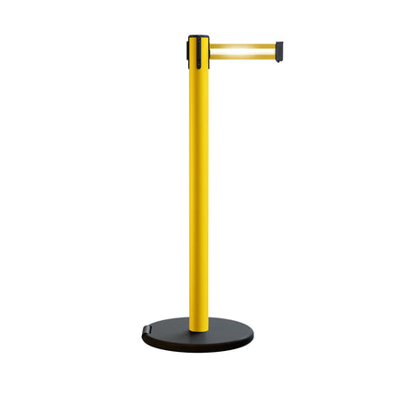 Retractable Belt Barrier Stanchion, Rolling Base, Yellow Steel Post, 11 ft Belt - Montour Line MSE630