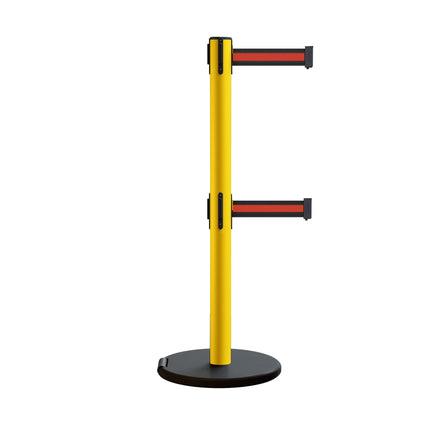 Retractable Belt Barrier Stanchion, Rolling Base, Yellow Steel Post, 11 ft Dual Belt - Montour Line MSE630D