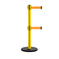 Retractable Belt Barrier Stanchion, Rolling Base, Yellow Steel Post, 11 ft Dual Belt - Montour Line MSE630D