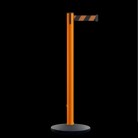 Retractable Belt Barrier Stanchion, Orange Post, Cast Iron Base, 10.5 Ft. Belt - Montour Line MI630