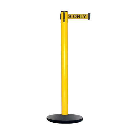 Retractable Belt Barrier Stanchion, Yellow Post, Cast Iron Base, 11 Ft. Belt - Montour Line MSI630