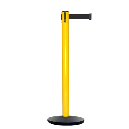 Retractable Belt Barrier Stanchion, Yellow Post, Cast Iron Base, 11 Ft. Belt - Montour Line MSI630