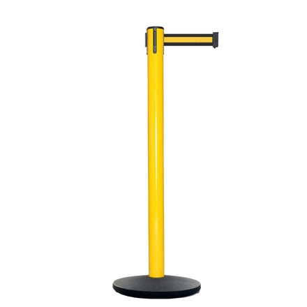 Retractable Belt Barrier Stanchion, Yellow Post, Cast Iron Base, 11 Ft. Belt - Montour Line MSI630