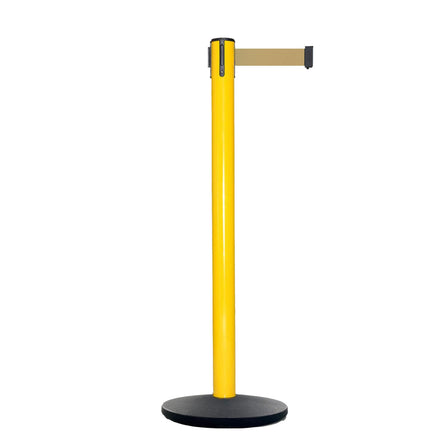 Retractable Belt Barrier Stanchion, Yellow Post, Cast Iron Base, 11 Ft. Belt - Montour Line MSI630