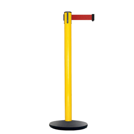 Retractable Belt Barrier Stanchion, Yellow Post, Cast Iron Base, 11 Ft. Belt - Montour Line MSI630