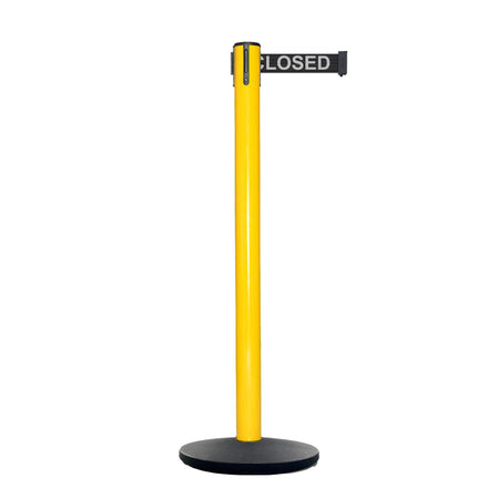 Retractable Belt Barrier Stanchion, Yellow Post, Cast Iron Base, 11 Ft. Belt - Montour Line MSI630