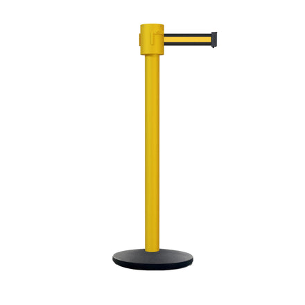 Retractable Belt Barrier Stanchion, Cast Iron Base Base, Yellow Post, 35 ft Belt - Montour Line MSI760