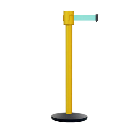 Retractable Belt Barrier Stanchion, Cast Iron Base Base, Yellow Post, 35 ft Belt - Montour Line MSI760