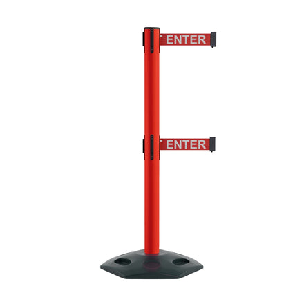 Retractable Dual Belt Barrier Stanchion, Heavy-Duty Rubber Base, 9 ft Belt - Montour Line MSR630D