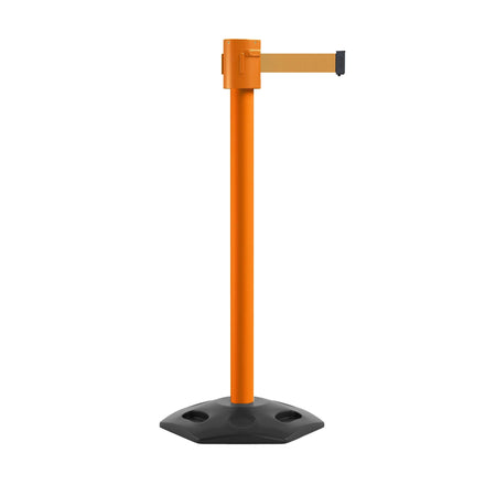 Retractable Belt Barrier Stanchion, Rubber Base, Orange Post, 35 ft Belt - Montour Line MSR760