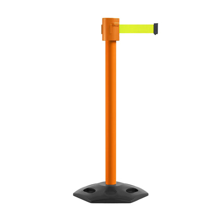 Retractable Belt Barrier Stanchion, Rubber Base, Orange Post, 35 ft Belt - Montour Line MSR760