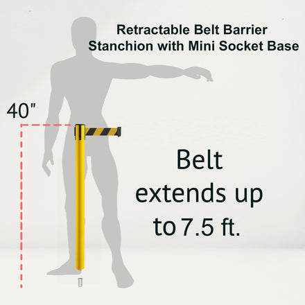 Retractable Belt Barrier Stanchion, Mini Socket Base, Yellow Post, 7.5 ft Belt - Montour Line MSX630SK