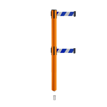 Retractable Dual Belt Barrier Stanchion, Mini Socket Base, Orange Post, 7.5 ft Belt - Montour Line MSX630DSK