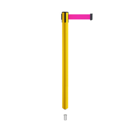 Retractable Belt Barrier Stanchion, Mini Socket Base, Yellow Post, 7.5 ft Belt - Montour Line MSX630SK