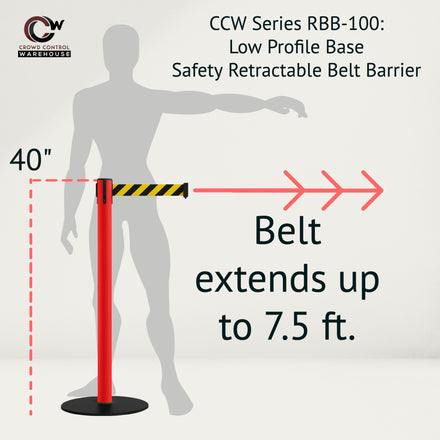 Safety Stanchion Retractable Belt Barriers, Low Profile Steel Base, Red Post, 7.5 Ft. Belt - Montour Line MSX630